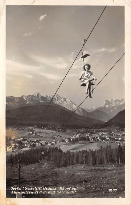 Seefeld Austria Ostenreich~Lady in Skilift~Ahrnspitzen~Karwendel~Vintage RPPC