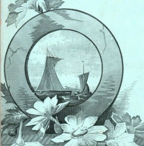 1870s Engraved Victorian Card Lovely Sailboats Sea Flower Blossoms P215