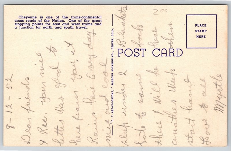 Cheyenne Wyoming~Air View Union Pacific Station~Vintage Linen Postcard