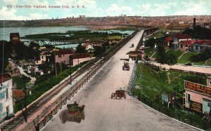 Vintage Postcard 1909 Inter-City Viaduct Kansas City Houses River Horse Cart KS