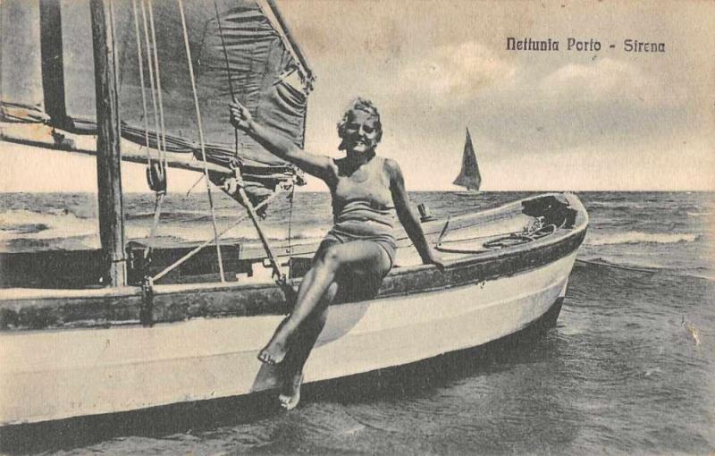 Nettunia Porto Italy Sirena Woman on Sailboat Bathing Beauty Postcard J75768