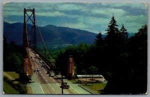 Postcard Vancouver BC c1955 Entrance Lions Gate Bridge Old Greyhound Bus 8c Due