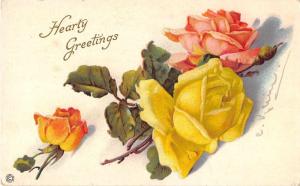 Hearty Greetings Pink Yellow Roses Flowers Signed Klein Antique Postcard J52493