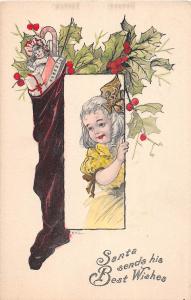 Merry Christmas Holiday Postcard c1910 PRETTY GIRL Stocking Holly 178