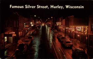 Hurley Wisconsin WI Silver St at Night Cars c1950s-60s Postcard