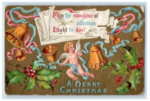 c1910's Merry Christmas Floating Angel Holly Berries Bell Embossed Postcard