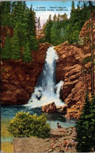 Vtg Montana MT Trick Falls Glacier National Park 1940s Linen Postcard