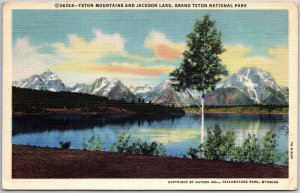 VINTAGE POSTCARD THE TETON MOUNTAINS AND JACKSON LAKE GRAND TETON NAT'L PARK