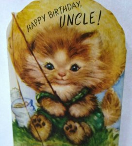 Mid Century Modern Dressed Cat Fishing Uncle Birthday Greeting Card Vintage 1950