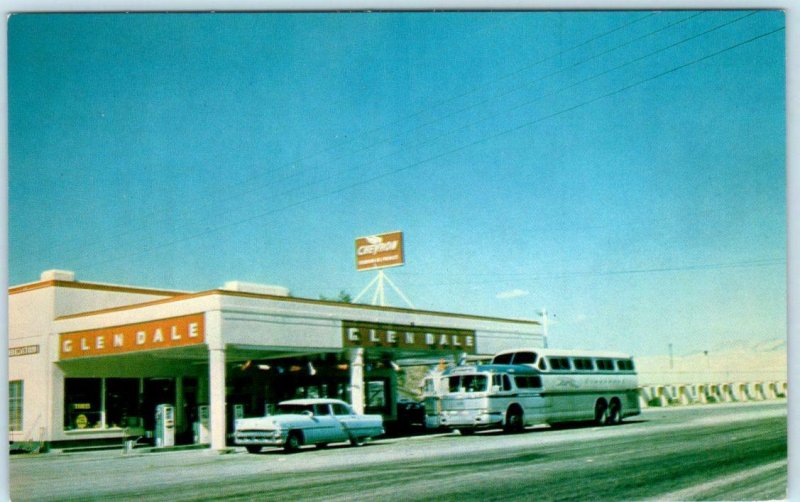 GLENDALE, Nevada NV  Roadside CHEVRON STATION & GREYHOUND BUS 1950s Car Postcard