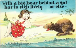 HUMOR -With big bear behind gal steps lively - A/S Walter Wellman Comic Linen PC