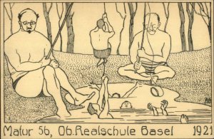 Unusual Bizarre Semi Nude Men Fishing Realschule Basel Switz 1921 Postcard