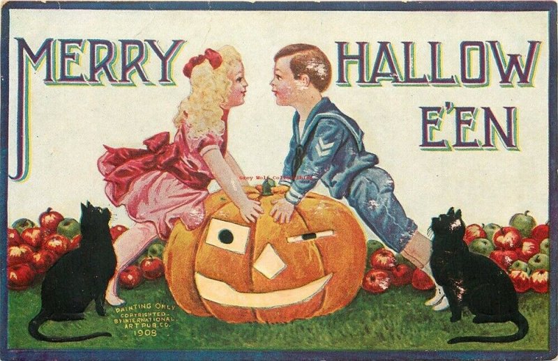 Halloween, Girl and Boy on Jack O Lantern, Black Cats, International Art