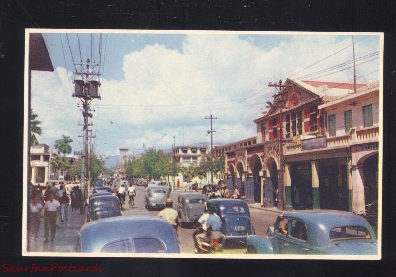 KINGSTON JAMAICA DOWNTOWN KING STREET SCENE 1930's CARS VINTAGE POSTCARD