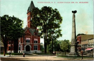 Postcard NY Glens Falls Insurance Co. Building & Civil War Monument ~1910 M27