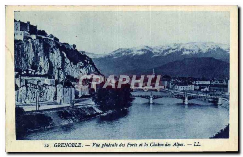 Old Postcard Grenoble General view Forts and the Chaine des Alpes