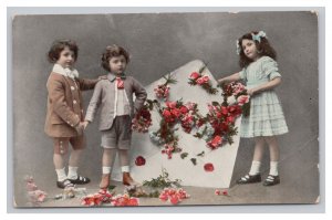 Vintage Children with Flowers Postcard Romantic Edwardian Era Sentimental Card