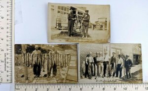 1919 Houghton Lake MI Fishermen With Catch Fish Walleye RPPC Postcard Lot of 3