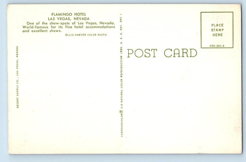 Las Vegas Nevada Postcard Flamingo Hotel Show-Spots Exterior Building Night 1960
