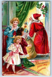 Christmas Postcard Santa Claus Sack Of Toys Children Hiding Embossed c1910's