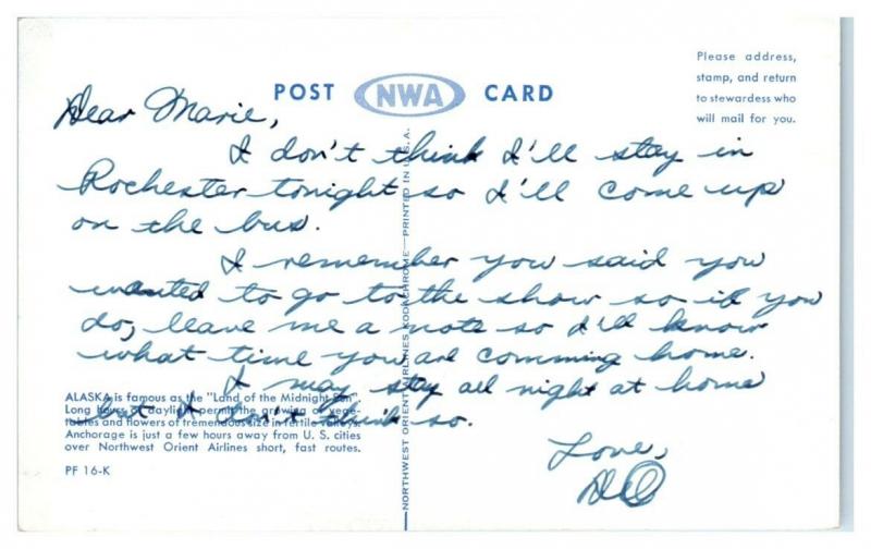 Northwest Orient Airlines, Matanuska Valley, Alaska Postcard
