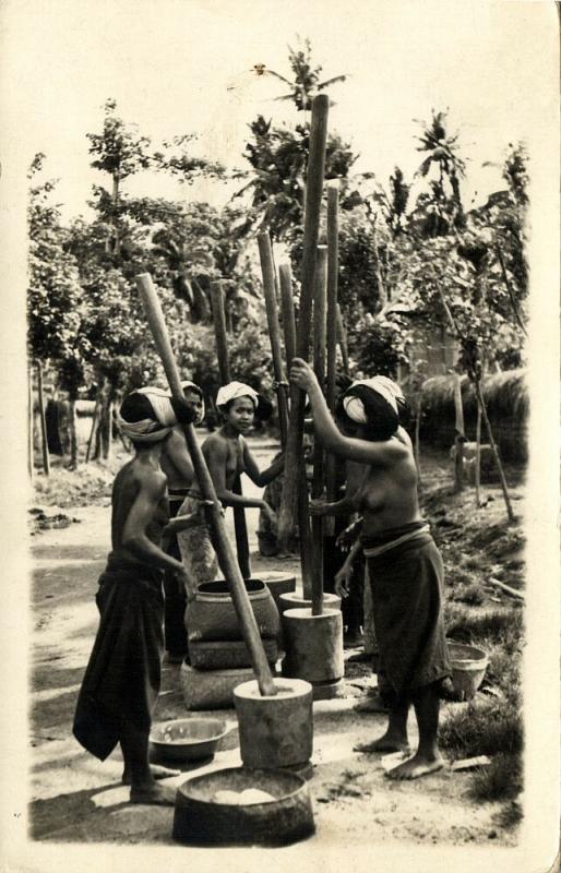 indonesia, BALI, Native Nude Women pounding Rice (1930s) RPPC