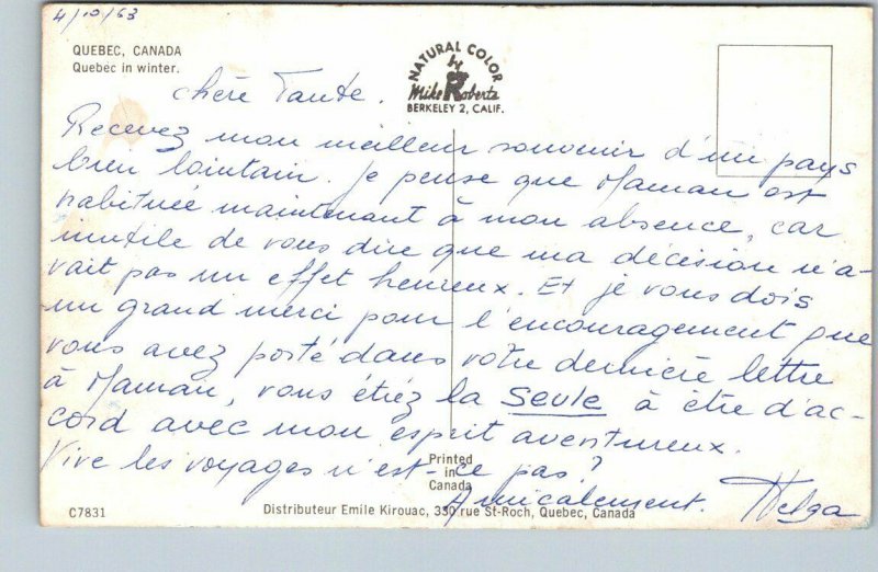 Chateau Frontenac, Winter, Vintage 1963 Chrome Postcard