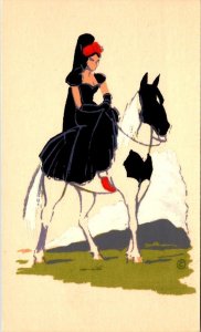 Beautiful BLACK HAIRED WOMAN On HORSE  Hand Made Original SERIGRAPH Postcard