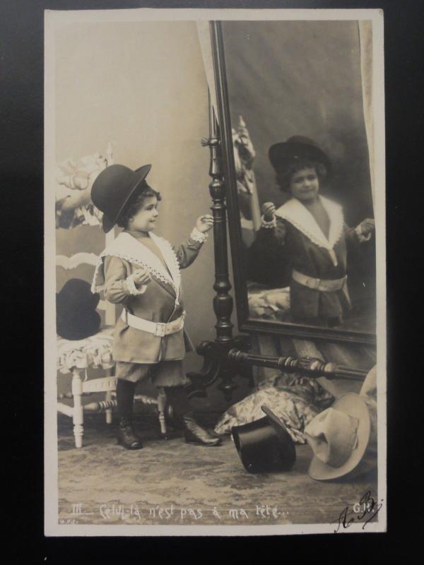 French Set of 5 SMALL CHILD PLAYING AT DRESSING UP IN FRONT OF MIRROR c1903 UB