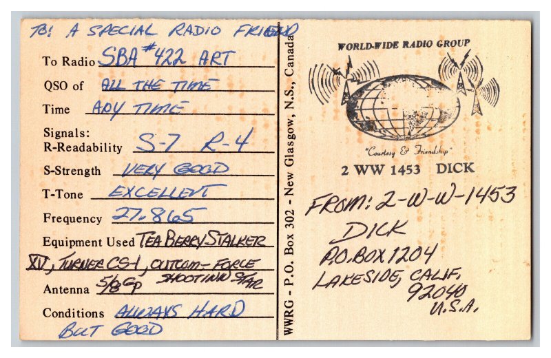 Postcard QSL CB Ham Radio Amateur Card From Lakeside California 2-W-W-1453 