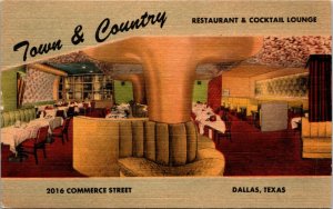 Postcard TX Dallas Town & Country Restaurant & Lounge Interior - LINEN 1940s A19