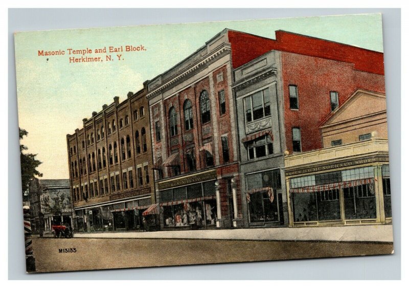 Vintage 1910's Postcard Masonic Temple & Earl Block Herkimer New York
