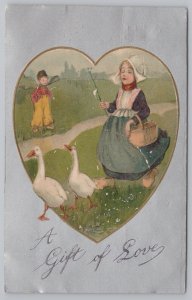 Holiday~Valentines Gift Of Love~Girl Walking Ducks~Boy Admires~PM 1908 Postcard
