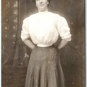 c1910s Woman w/ Crazy Corset RPPC Classy Lady Girl Real Photo Postcard Hair A158