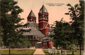 Hand Colored Postcard General Library at the University of Michigan, Ann Arbor