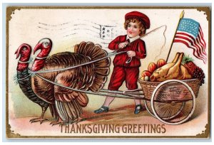 1908 Thanksgiving Greetings Turkeys Pulling Cart Basket Turkey Flag Postcard 