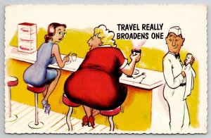 Humor Sexy Woman Fat Lady Travel Really Broadens One Smirky Waiter Postcard M29