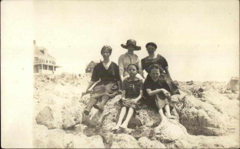 Women & Girls in Bathing Suits Posing on Rocks c1910 Real Photo Postcard myn