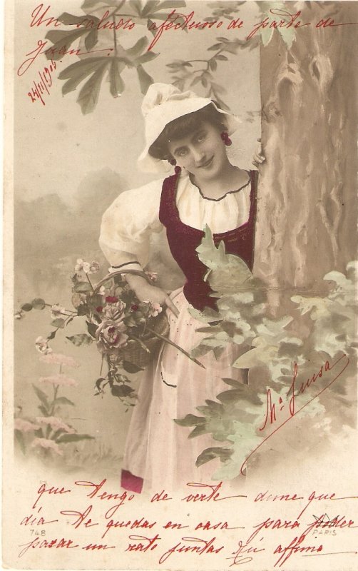 Peasant lady with basket of flowers Nice old vintage French postcard