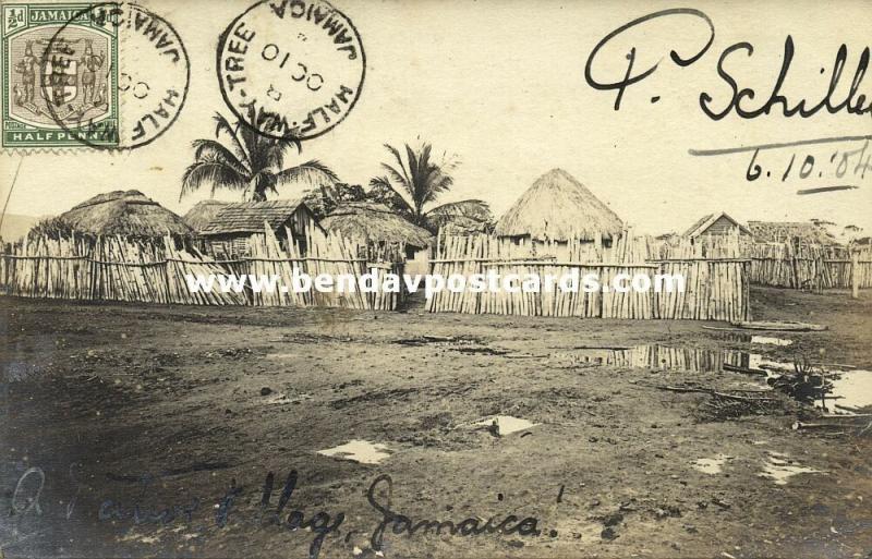 jamaica, B.W.I., Native Village (1904) P. Schiller RPPC, Half-Way-Tree Cancel