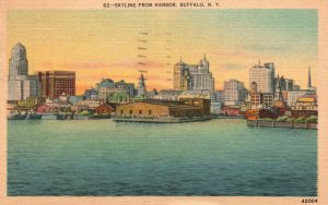 Vintage Postcard 1950 Skyline From Harbor Overlooking Buildings Buffalo New York