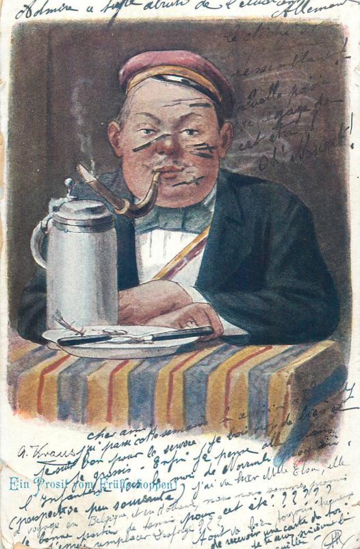 Old 1902 Academic Fencing School Student caricature with pipe & beer greetings