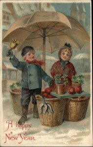 New Year Little Girl and Boy Flower Market c1910 Vintage Postcard