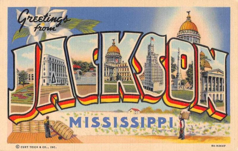 Jackson Mississippi Greetings From large letter linen antique pc Z49748
