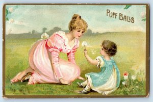 1912 Pretty Woman And Child Puff Balls Flowers Embossd Ivydale WV Postcard
