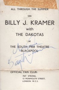 Billy Kramer Live At Blackpool Pier 1966 Hand Signed Photo Card