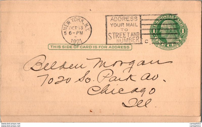 US Postal stationery 1c New York to Chicago 1921