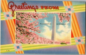 Greetings from Washington Monument, Cherry Blossoms Linen Vintage Postcard D53