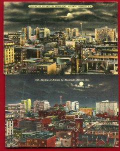 Lot of 2 Atlanta Georgia ga Skyline at night linen postcards