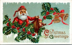 Postcard Embossed Christmas Greetings Santa with Brown Toy Bag C.1910 L12